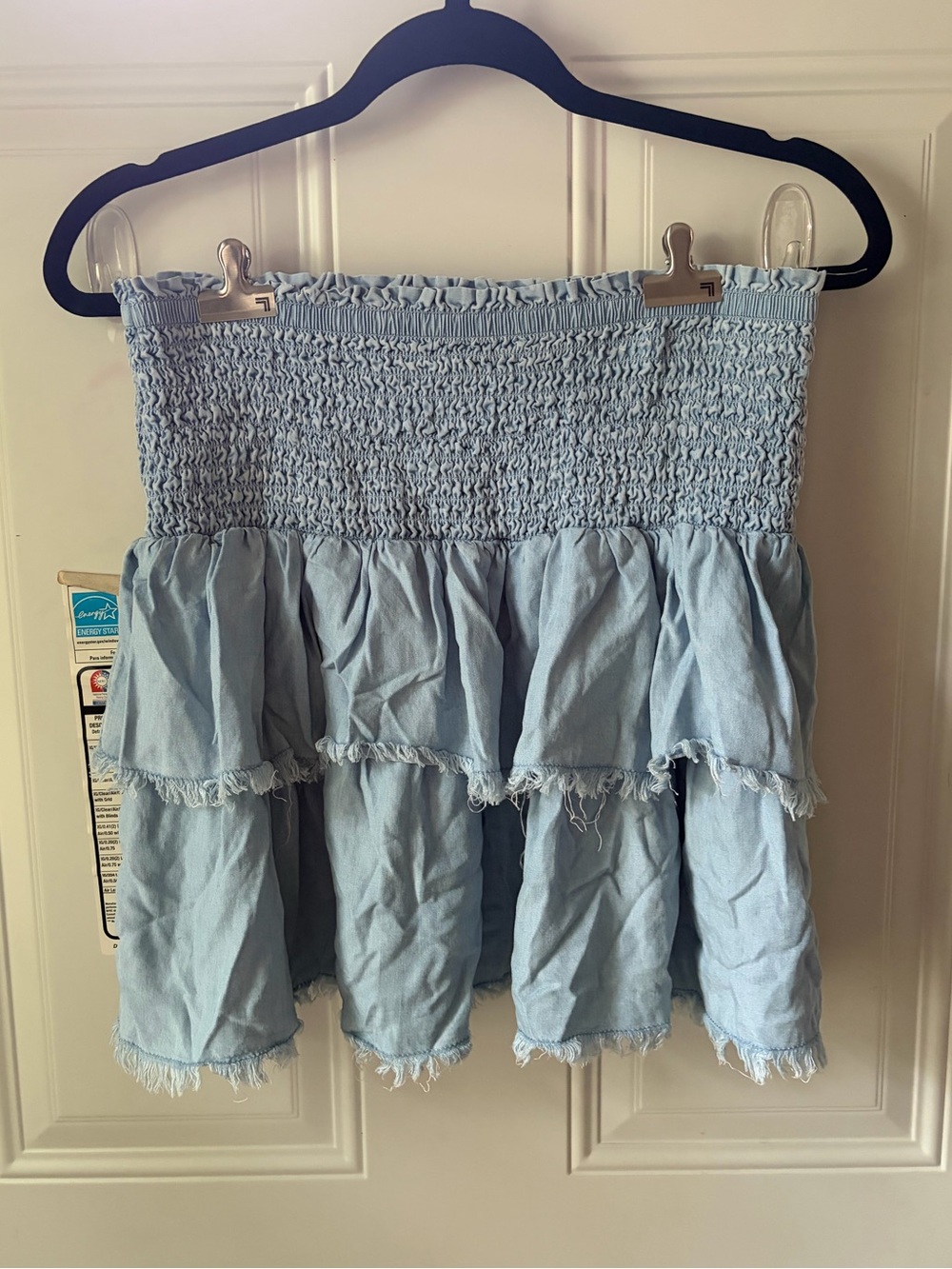 Aerie Light Wash Smocked Tiered Chambray Skirt